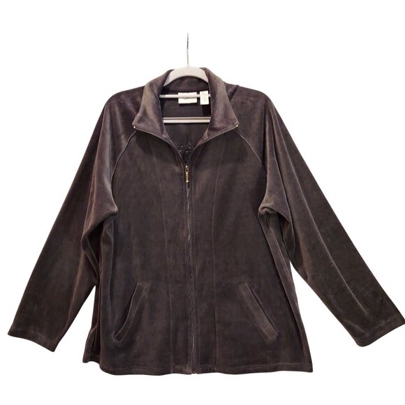 Chico's Spa Womens XL jacket Zip Charcoal Velour Beaded Quilted Embossed design - Picture 1 of 14